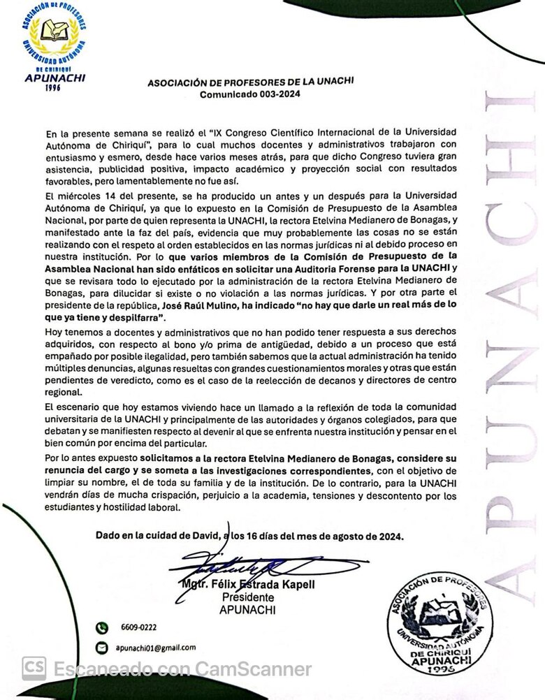 Profesores de la Unachi piden la renuncia de la rectora, Etelvina de Bonagas