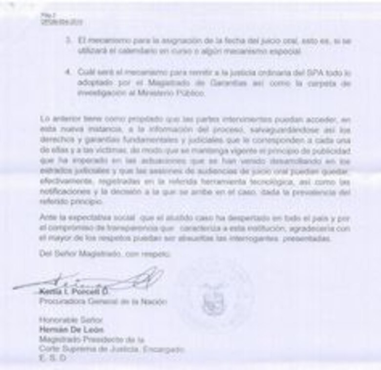 La procuradora Porcell pregunta a la Corte cuál será el procedimiento para declinar el caso Martinelli