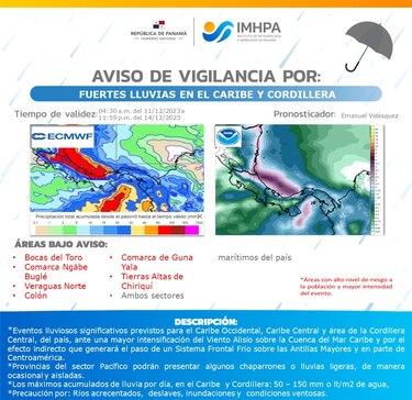 Emiten aviso de vigilancia por lluvias en el Caribe panameño