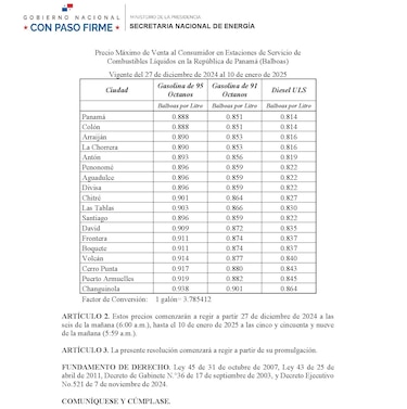 Estos son los precios de los combustibles que regirán a partir de este viernes 27 de diciembre