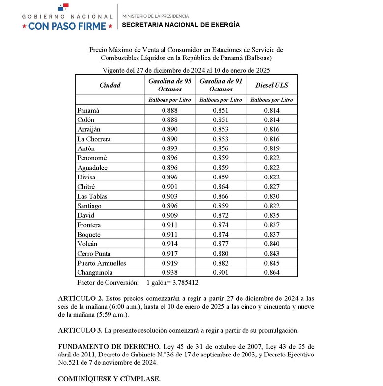 Estos son los precios de los combustibles que regirán a partir de este viernes 27 de diciembre