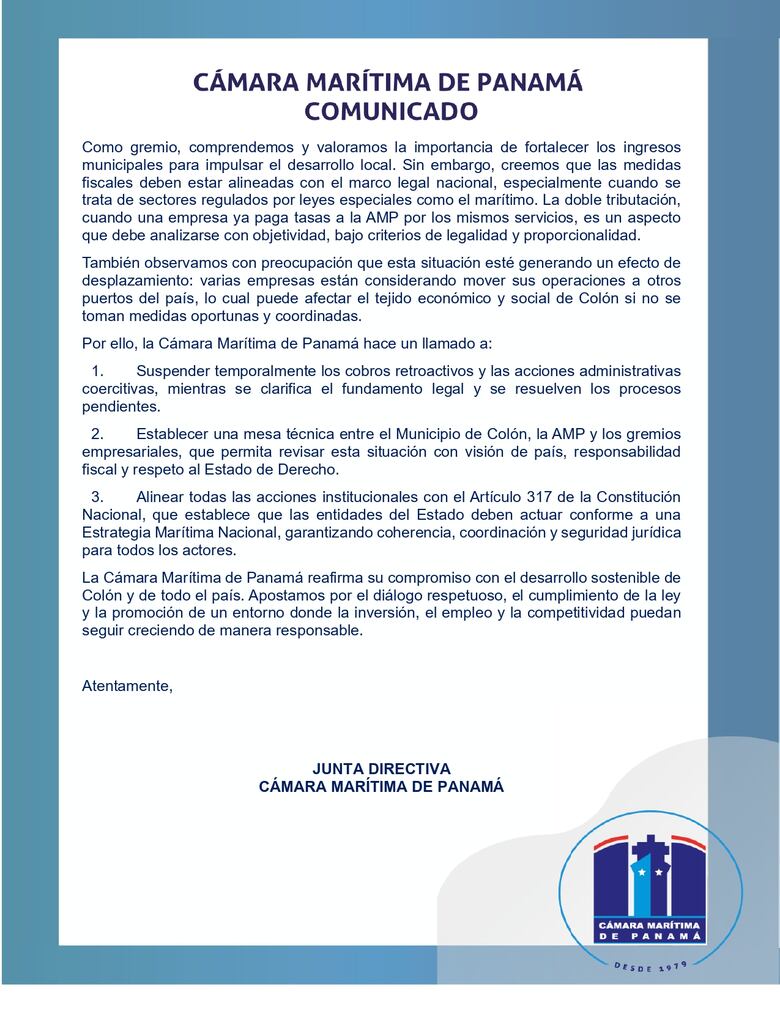 Cámara Marítima de Panamá pide suspender cobro de nuevo tributo municipal en Colón aplicado a servicios navieros