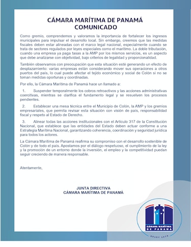 Cámara Marítima de Panamá pide suspender cobro de nuevo tributo municipal en Colón aplicado a servicios navieros