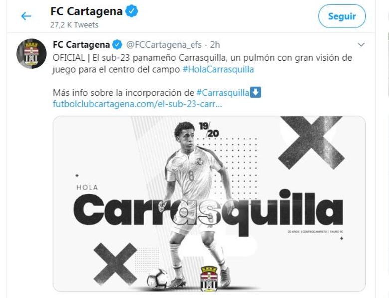 El panameño Adalberto Carrasquilla es cedido al FC Cartagena del fútbol español
