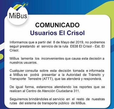 Mi Bus suspende ruta interna en la comunidad El Crisol