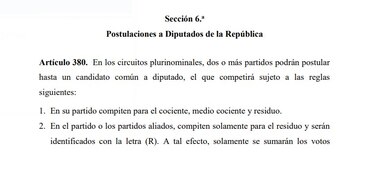 Los partidos podrán seguir postulando diputados en alianza, para competir por el residuo en los plurinominales