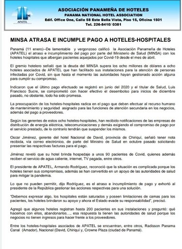 Hoteles-hospitales reclaman pago al Gobierno; Minsa dice que existen los fondos y espera refrendo