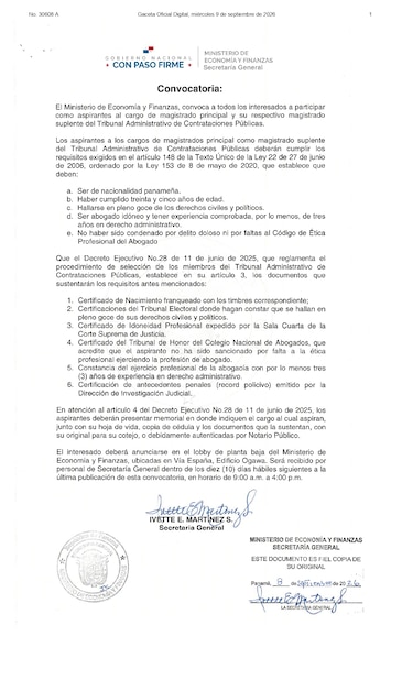 Ejecutivo busca nuevo magistrado para el Tribunal Administrativo de Contrataciones