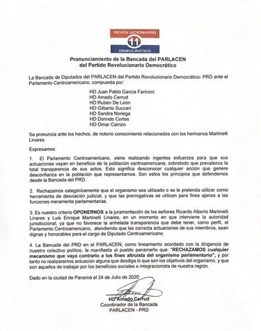 Los diputados del PRD en el Parlacen se oponen a la juramentación de los hermanos Martinelli Linares