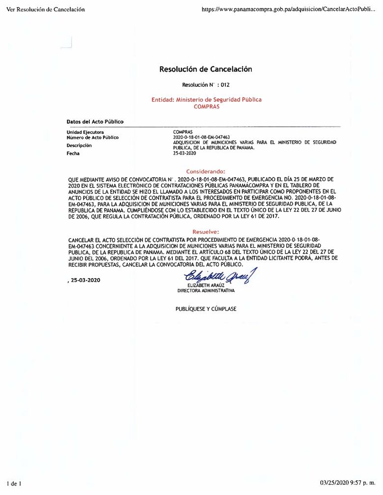 Ministerio de Seguridad cancela compra excepcional de municiones por $7.1 millones