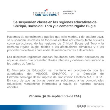 A causa del mal tiempo, el Meduca suspende las clases en Chiriquí, Bocas del Toro y la comarca Ngäbe Buglé