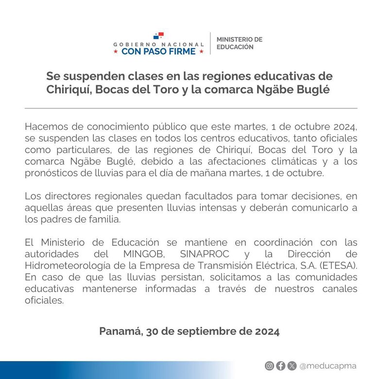A causa del mal tiempo, el Meduca suspende las clases en Chiriquí, Bocas del Toro y la comarca Ngäbe Buglé