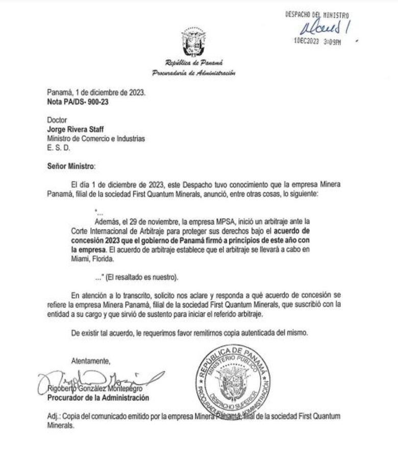 Minera Panamá inició un proceso de arbitraje; procurador González pide aclaración al MICI sobre acuerdo de concesión