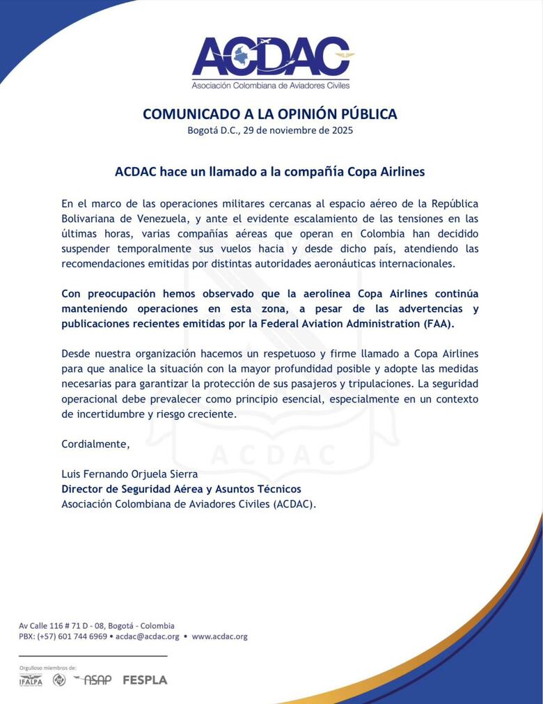 Vuelos entre Panamá y Venezuela operan con normalidad mientras aviadores de Colombia advierten sobre riesgos