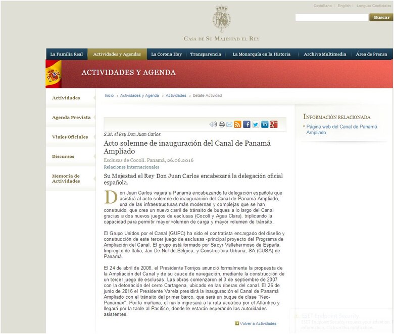 Juan Carlos I de España confirma su presencia en inauguración de la ampliación del Canal de Panamá