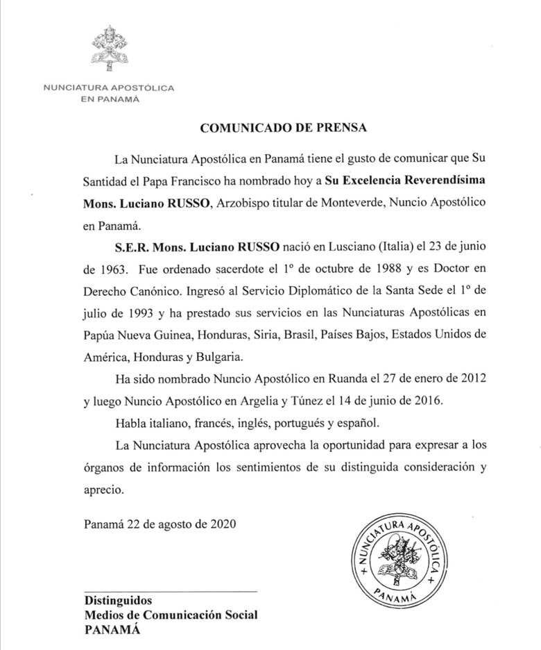 Papa Francisco nombra a Luciano Russo como nuevo nuncio apostólico en Panamá