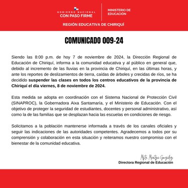 Suspenden las clases para este viernes en toda la provincia de Chiriquí por el mal tiempo