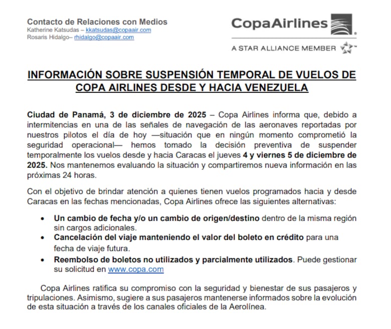 Copa Airlines suspende vuelos desde y hacia Venezuela