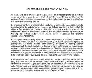 CCIAP: 'nuevos magistrados deben devolverle a la justicia panameña la honorabilidad que se merece'