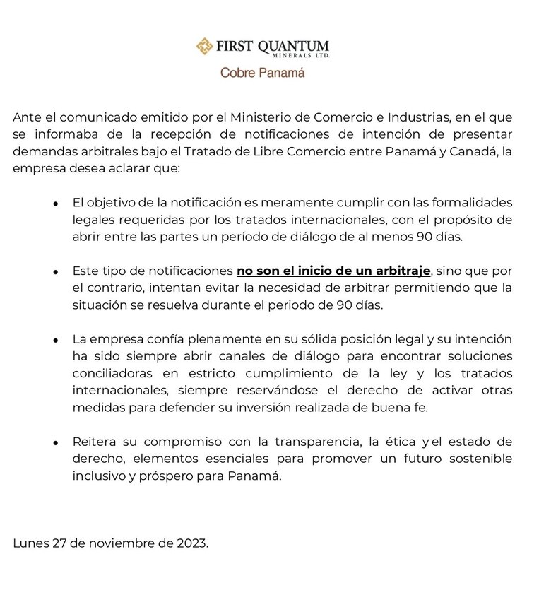 First Quantum Minerals dice que las notificaciones enviadas al Ejecutivo ‘no son el inicio de un arbitraje’