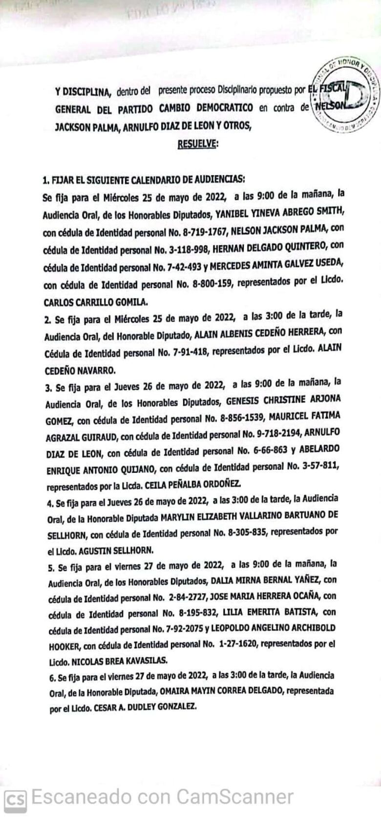 Fijan para el 25, 26 y 27 de mayo las audiencias a diputados disidentes de CD