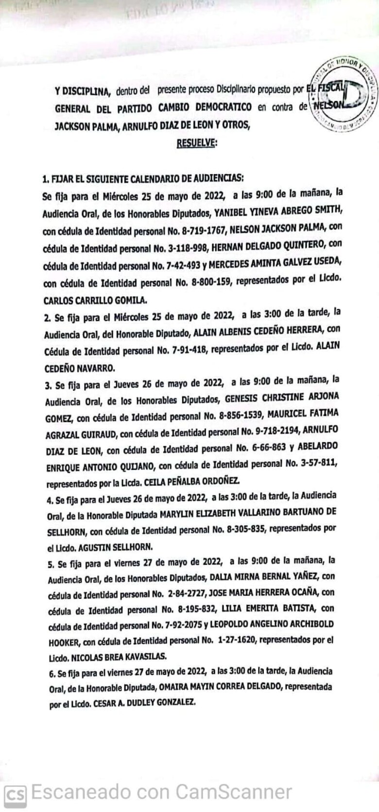 Fijan para el 25, 26 y 27 de mayo las audiencias a diputados disidentes de CD