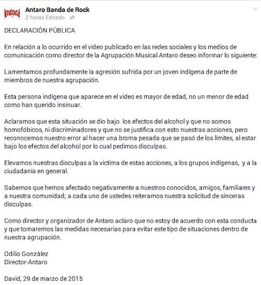 Presentan denuncia contra banda de Rock que agredió a indígena