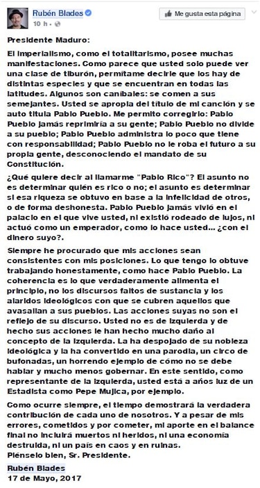 Rubén Blades le responde a Nicolás Maduro: 'Eres un emperador'