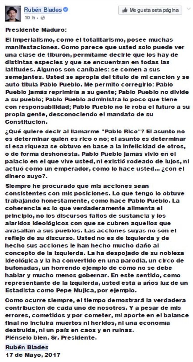 Rubén Blades le responde a Nicolás Maduro: 'Eres un emperador'