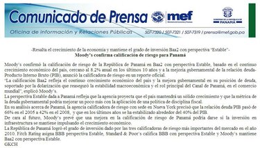 Moody’s confirma calificación de riesgo para Panamá; Baa2 con perspectiva estable