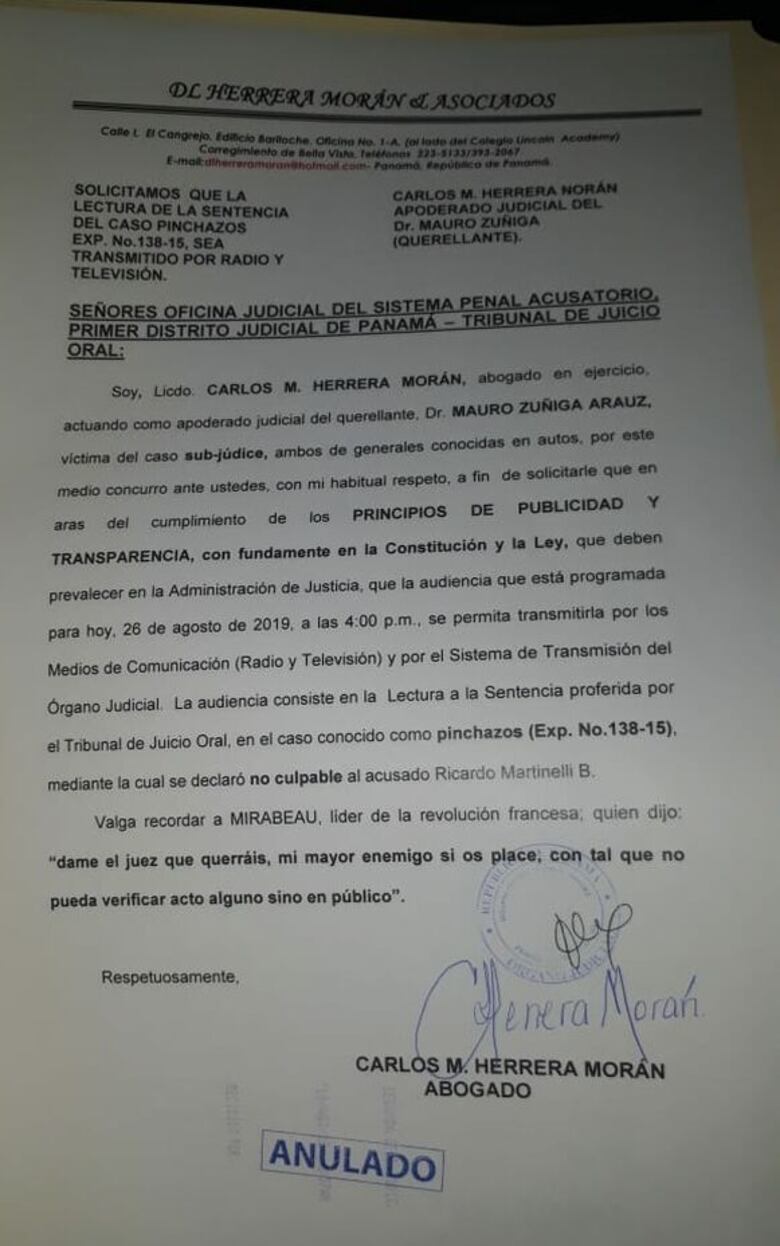 Anulan petición de abogado de querellante para que la lectura de sentencia en caso Martinelli fuese transmitida en directo