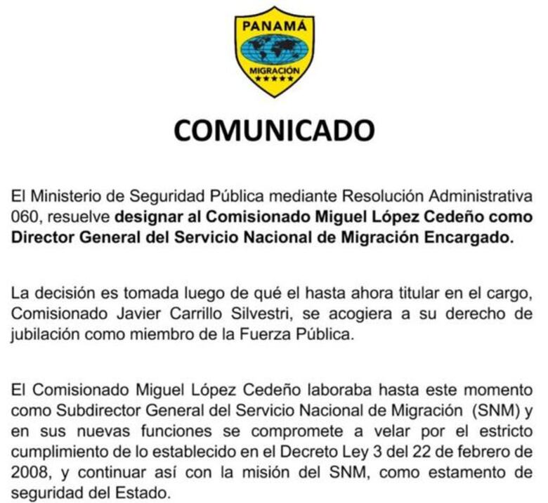 Javier Carrillo se acoge a jubilación; designan a director encargado de Migración