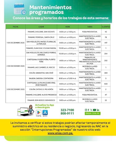 ENSA informa los mantenimientos programados del 1 al 7 de diciembre de 2025