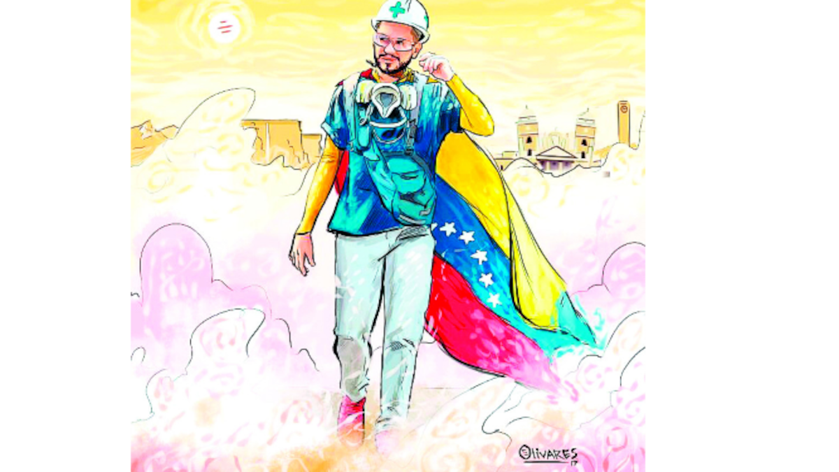 La forma y los colores de la bandera venezolana inspiran los trazos del artista, quien luego fue incluyendo elementos que identifican a víctimas de las protestas, a