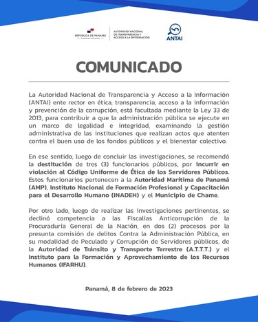 Antai recomienda la destitución de tres funcionarios y remite otros dos casos a las Fiscalía Anticorrupción