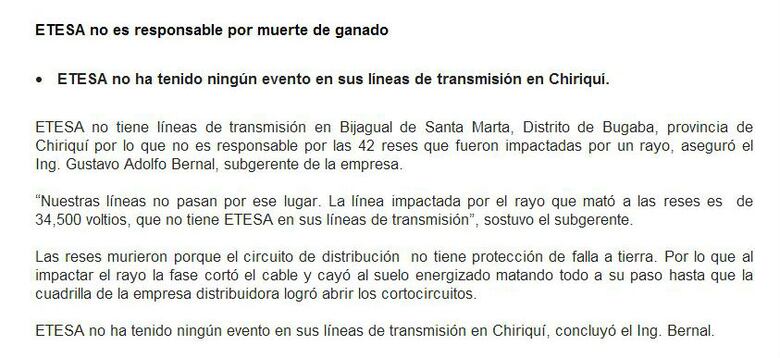 ETESA niega que un cable de su propiedad matara a 32 reses en Chiriquí