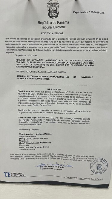 Pleno del Tribunal Electoral confirma validez de la nómina de Jorge Herrera en la elección interna del Partido Panameñista