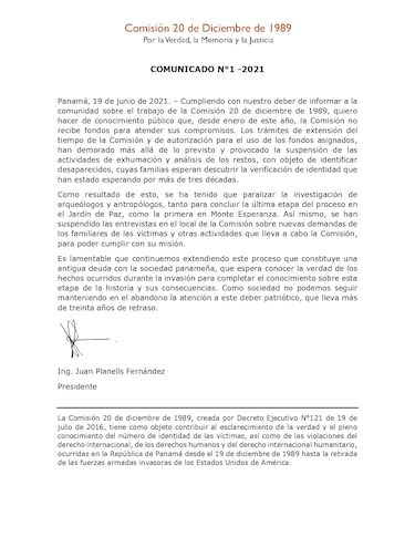 Comisión 20 de Diciembre de 1989, sin fondos para atender compromisos