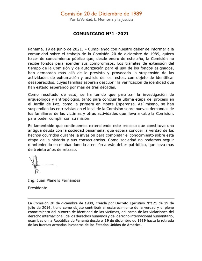 Comisión 20 de Diciembre de 1989, sin fondos para atender compromisos