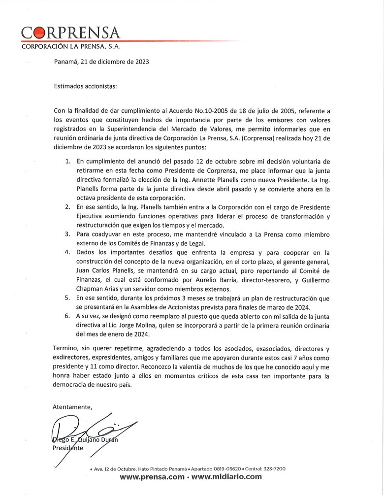 Se formalizan los cambios en la junta directiva de Corporación La Prensa