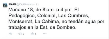 Moradores de Las Cumbres y La Cabima estarán sin agua este jueves