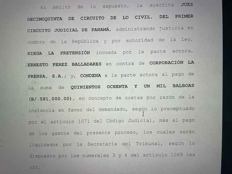 Juez niega indemnización a Pérez Balladares y lo condena a pagar $581 mil a Corporación La Prensa