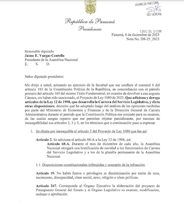 Cortizo veta proyecto que otorgaba una bonificación de navidad a los funcionarios de la Asamblea