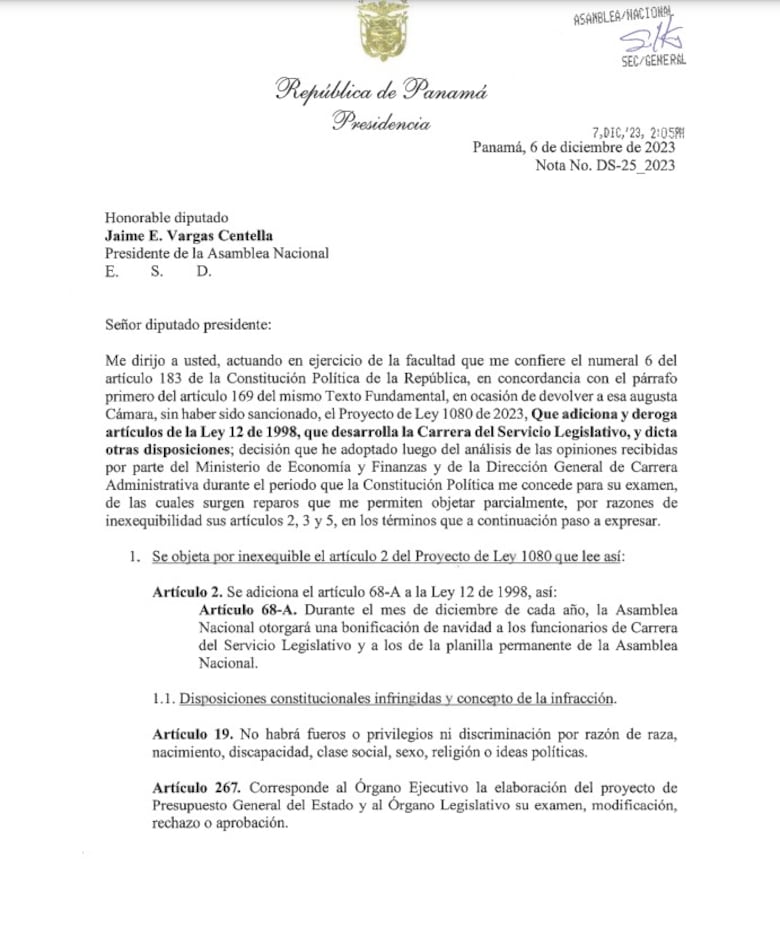 Cortizo veta proyecto que otorgaba una bonificación de navidad a los funcionarios de la Asamblea