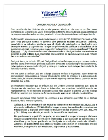 Tribunal Electoral recuerda que hay sanciones para quienes divulguen encuestas sin estar autorizados por la entidad