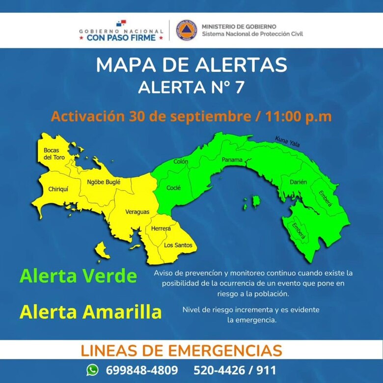 Declaran Alerta Amarilla en cinco provincias y una comarca ante aviso de intensas lluvias
