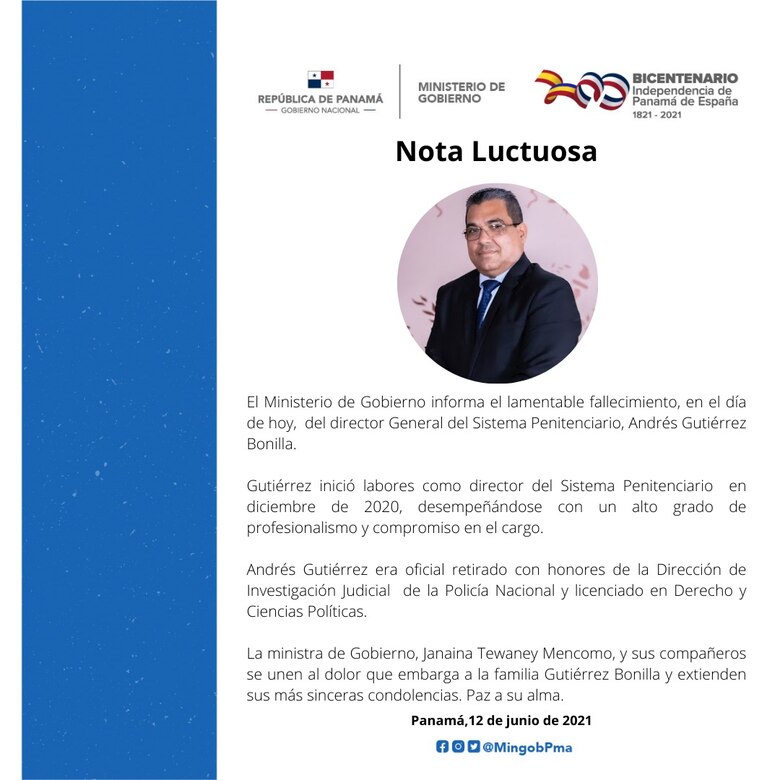 Fallece el director general del sistema penitenciario de Panamá, a causa de la Covid-19