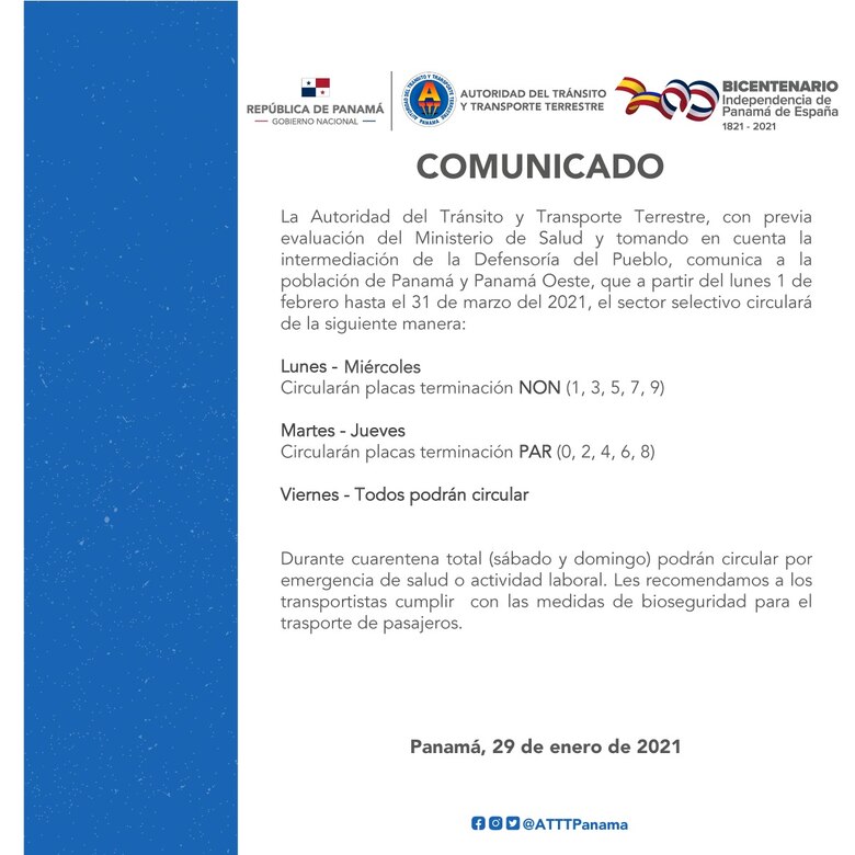 Extienden hasta el 31 de marzo plan de circulación para los taxis en Panamá y Panamá Oeste