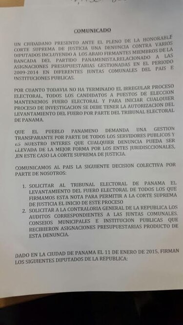 Diputados panameñistas y del PRD piden levantamiento de fuero electoral para ser investigados