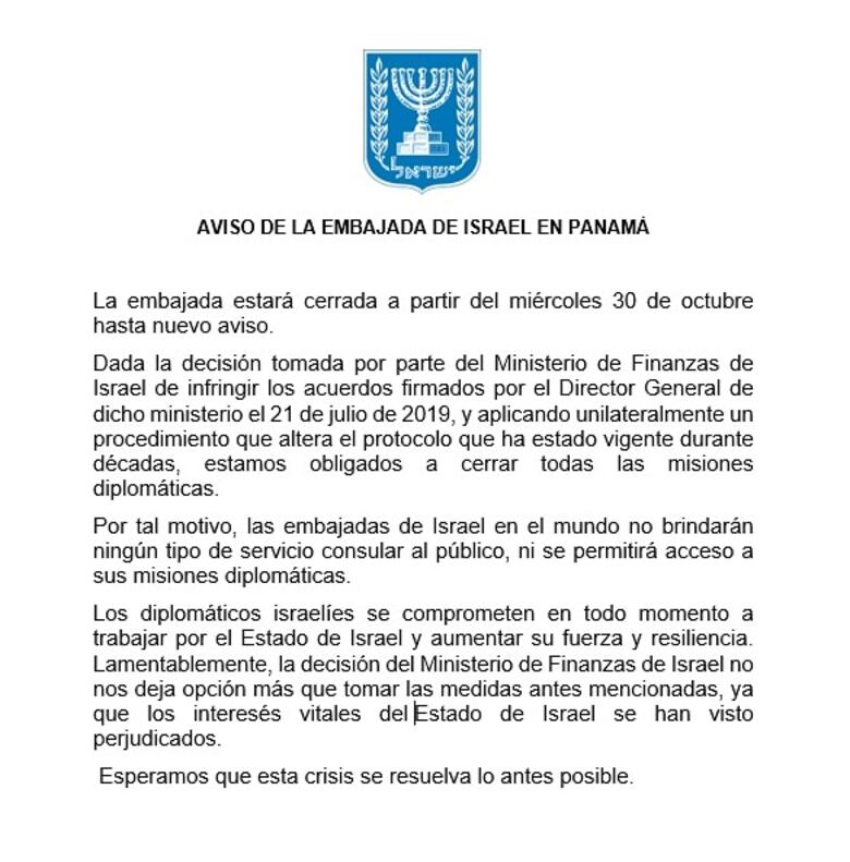 Embajada de Israel en Panamá estará cerrada hasta nuevo aviso